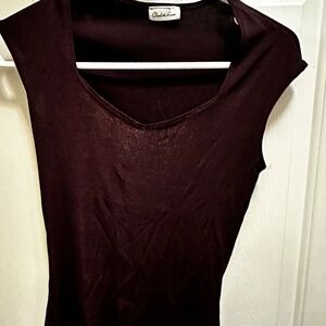 A maroon, sleeveless, v-neck shimmery shirt by Charlotte Russe. Very flattering